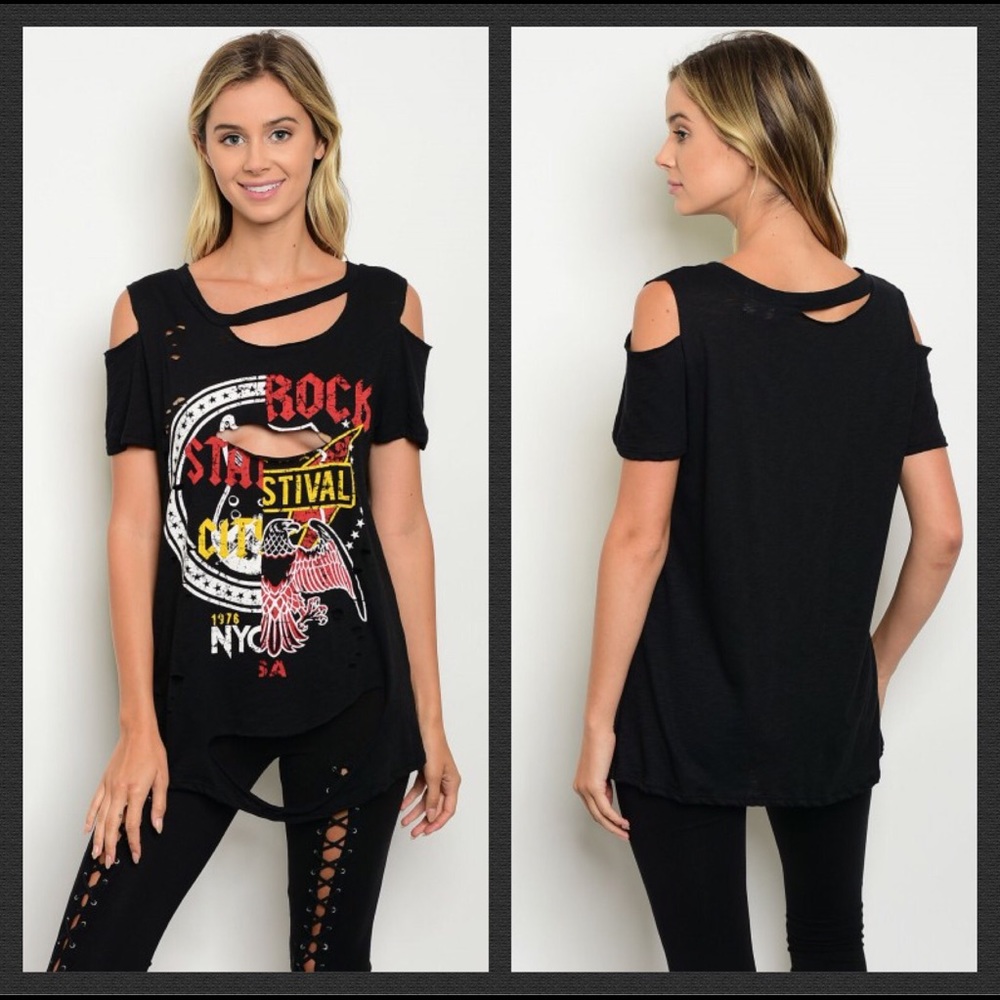 Black Ripped Edgy Rock Tee - Picture 6 of 7